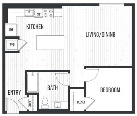 Floor plan for 1 bed, 1 bath, 837 sqft
